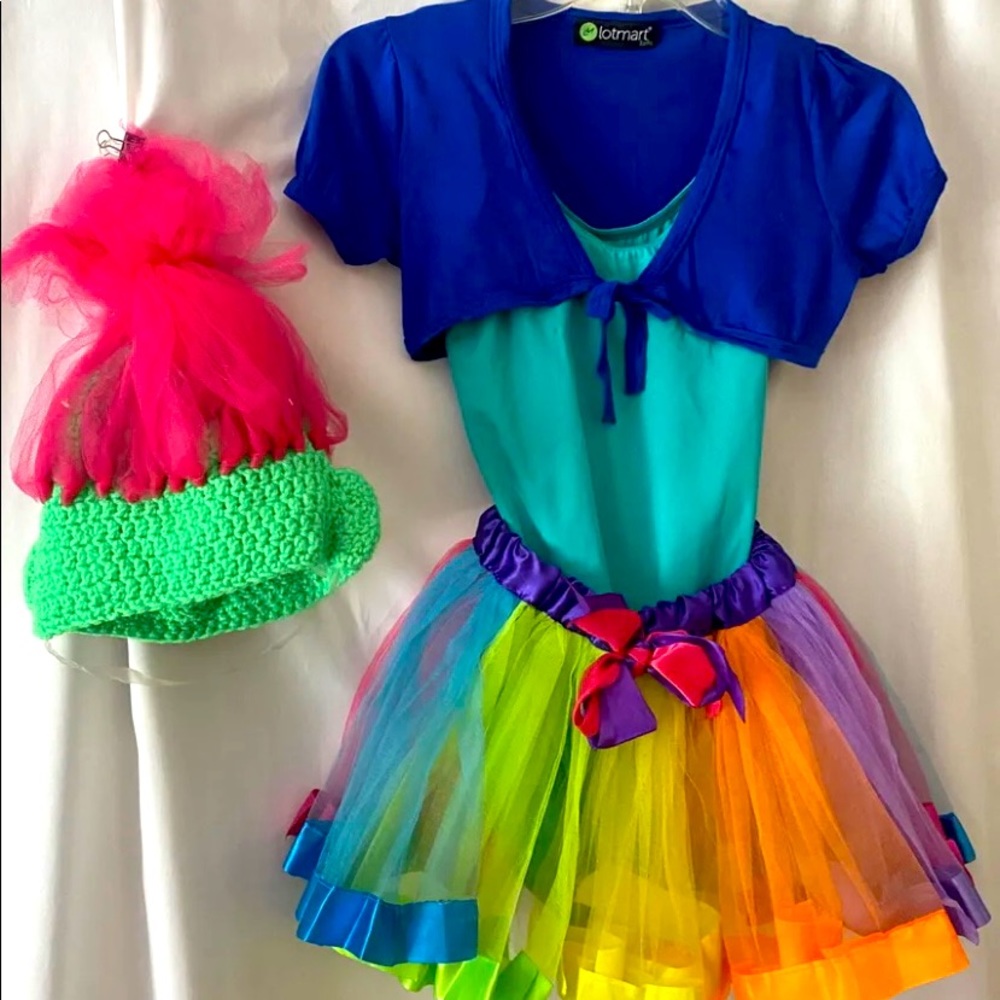 Balera Adult Small Blue Dance leotard /Multicolor Tule Skirt / Knit/tule Hat